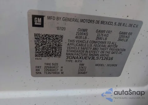 2020 Chevrolet Equinox Awd Lt 1.5L Turbo из США, поврежденный, VIN 3GNAXUEV3LS712616